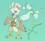  anthro armor avian beak bird blue_eyes blush bottomless bow_(weapon) child clothed clothing feathers hi_res honeybirdseed male multiple_images nintendo ranged_weapon rito solo talons the_legend_of_zelda topknot tulin_(zelda) weapon white_body white_feathers young 