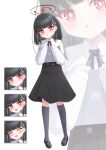  1girl absurdres aged_down black_hair black_skirt black_socks blue_archive blush expressions full_body halo highres hugging_object looking_at_viewer medium_hair multiple_views red_eyes rio_(blue_archive) shira_jun shirt skirt socks tablet_pc white_shirt zoom_layer 