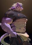  absurd_res anthro barazoku beard belt big_muscles big_pecs bottomwear bulge clothing dressing facial_hair felid fur hair hi_res kemono luodejun male mammal muscular muscular_anthro muscular_male pantherine pants pecs purple_body purple_fur side_view solo striped_body striped_fur stripes tiger tight_clothing tight_pants_(meme) underwear white_hair 