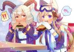  ! !! 2girls :d ^^^ animal_ear_fluff animal_ears arknights bare_shoulders beeswax_(arknights) black_jacket black_sleeves blush brown_eyes brown_hair burger_malfunction cardigan_(arknights) commentary_request couch dark-skinned_female dark_skin detached_sleeves food gloves goggles goggles_on_head hair_between_eyes hands_up heart holding holding_food hood hood_down hooded_jacket horns jacket kou_hiyoyo light_brown_hair long_sleeves low_ponytail multicolored_hair multiple_girls on_couch open_clothes open_jacket ponytail purple_eyes shirt smile spoken_exclamation_mark spoken_heart sweat table teeth two-tone_hair upper_body upper_teeth_only white_gloves white_shirt 