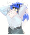  accessory accipitrid accipitriform anthro avian beak bird blue_body blue_feathers clothing dress_pants dress_shirt eagle eye_patch eyewear feathers hair headband horus_(tas) kaiko_003f lifewonders male neck_tuft ponytail raised_arms red_eyes shirt solo tokyo_afterschool_summoners topwear tuft white_body white_feathers 