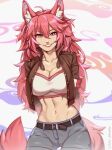  1girl abs animal_ears ass_visible_through_thighs belt belt_buckle breasts buckle cleavage collarbone commission cowboy_shot cropped_jacket gekkoseishin hair_between_eyes highres large_breasts long_hair looking_at_viewer navel original pink_eyes pink_hair shorts slit_pupils smile solo tail teeth 