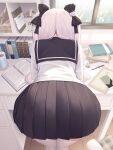  1girl absurdres ass ass_focus back bent_over black_ribbon book cellphone close-up commentary_request desk from_behind hair_ornament hair_ribbon highres huge_ass long_hair niliu_chahui original phone revision ribbon school_uniform serafuku skirt smartphone solo thighs tokisaki_mio two_side_up white_hair 