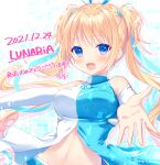  1girl 2021 :d aqua_ribbon bare_shoulders blonde_hair blue_background blue_eyes blush breasts colored_eyelashes commentary_request dated detached_sleeves eyelashes floating_clothes floating_hair hair_between_eyes hair_ribbon happy highres itsuki_jun large_breasts long_hair long_sleeves looking_at_viewer lunar-q lunaria_-virtualized_moonchild- navel open_hand open_mouth outstretched_arms ribbon shikishi signature simple_background smile sparkle translation_request twintails twitter_username two-tone_background upper_body very_long_hair white_background white_sleeves 