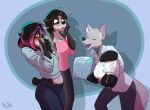  anthro arzdin bear blush canid canine canis clothed clothing diaper diaper_package embarrassed eyewear female giant_panda glasses highlights_(coloring) horrified jewelry mammal mannequin necklace wolf 
