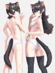  2girls animal_ears ass australian_devil_(kemono_friends) bare_arms bare_back bare_legs bare_shoulders black_hair black_thighhighs blush bra breasts brown_eyes brown_hair commentary deku_suke empty_eyes extra_ears eyepatch fang fang_out flat_ass flipped_hair from_behind frown gradient_hair grey_background hair_between_eyes hand_on_hip highres kemono_friends kneepits long_hair looking_at_viewer looking_back medical_eyepatch medium_breasts multicolored_hair multiple_girls panties short_hair shoulder_blades simple_background smile split_mouth tail tasmanian_devil_(kemono_friends) tasmanian_devil_ears tasmanian_devil_tail thighhighs topless underwear underwear_only white_bra white_panties 
