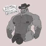 2023 5_fingers anthro balls clothing cowboy_hat darkened_balls darkened_genitalia darkened_penis dialogue dragon english_text fingers foreskin genitals grey_background grin hat headgear headwear hi_res hidden_eyes humanoid_genitalia humanoid_penis impossizzle long_foreskin male monochrome mostly_nude muscular muscular_male navel nipples penis scalie simple_background slur smile solo speech_bubble tail text unretracted_foreskin 