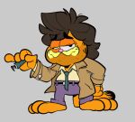  animal brown_hair cat cigar clothed_animal collared_shirt columbo columbo_(detective) english_commentary full_body fusion garfield garfield_(character) green_necktie grey_background half-closed_eyes holding holding_cigar jacket jetpackbraggin necktie open_clothes open_jacket pants purple_pants shirt simple_background wall-eyed 