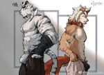 2023 anthro arknights bottomwear brass_instrument bugle bulge canid canine canis clothed clothing detailed_bulge domestic_dog duo felid fur hair hi_res horn hung_(arknights) hypergryph long_hair male mammal mountain_(arknights) muscular muscular_anthro muscular_male musical_instrument orange_hair pantherine pants pulling_up_pants striped_body striped_fur stripes studio_montagne tan_body tan_fur tiger tight_pants_(meme) topless topless_anthro topless_male trtoutoongo underwear white_body white_fur white_hair wind_instrument 