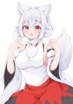  1girl animal_ear_fluff animal_ears breasts commentary_request detached_sleeves fang food hair_flaps holding holding_food inubashiri_momiji large_breasts looking_at_viewer open_mouth pom_pom_(clothes) red_eyes red_skirt rururiaru short_hair sideboob simple_background skin_fang skirt solo tail touhou white_background white_hair wide_sleeves wolf_ears wolf_girl wolf_tail 