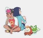  1boy 1girl back-to-back black_hair brown_shorts closed_mouth commentary cowlick dark-skinned_male dark_skin fuecoco hat head_rest liko_(pokemon) pokemon pokemon_(anime) pokemon_(creature) pokemon_horizons raglan_sleeves rei_hinketsu roy_(pokemon) sandals shirt short_hair shorts sitting smile sprigatito white_background 