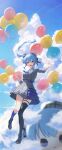  1girl :d absurdres ascot asymmetrical_legwear balloon belt beret blue_ascot blue_belt blue_eyes blue_hair blue_sky character_balloon choker cloud crown day dress floating_hair frills full_body hat highres holding holding_balloon hololive hoshimachi_suisei long_hair mini_crown open_hand outdoors plaid plaid_dress plaid_headwear senriyama side_ponytail single_thighhigh sky smile solo thigh_strap thighhighs thighs virtual_youtuber 