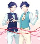  1boy arm_behind_back blue_bow blue_bowtie blue_hair blue_vest bow bowtie buttons closed_mouth dark_blue_hair ensemble_stars! finger_heart fushimi_yuzuru gloves heart highres long_sleeves looking_at_viewer mole mole_under_eye necktie open_mouth pants pink_ribbon purple_eyes red_ribbon ribbon shirt short_bangs short_hair user_vzxu4543 vest white_gloves white_pants white_shirt 