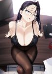  1girl bare_arms bare_shoulders black_bra black_hair blue_eyes blueorca blush bra breasts cleavage coffee coffee_mug collarbone crossed_legs cup desk fine_fabric_emphasis folder from_above furrowed_brow glasses hair_between_eyes hand_rest highres large_breasts legs long_hair looking_at_viewer mole mole_on_breast mole_under_mouth monitor mug office_lady on_desk original pantyhose parted_lips pencil_skirt semi-rimless_eyewear sitting sitting_on_desk skirt smile solo thighs underwear 