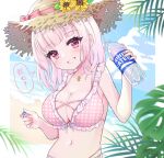  1girl absurdres beach bikini blunt_bangs bottle bow commentary_request flower frilled_bikini frills grin hat hat_bow hat_flower highres jewelry medium_hair midriff necklace nijisanji official_alternate_costume palm_leaf pink_bikini pink_bow pink_eyes pink_hair pink_nails plaid plaid_bikini saka_(sksmaaaa2) shiina_yuika shiina_yuika_(6th_costume) smile solo straw_hat swimsuit virtual_youtuber water_bottle yellow_flower 