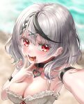  1girl absurdres black_collar braid collar ear_piercing fang frills grey_hair hair_ornament heart_pendant highres hololive landl multicolored_hair open_mouth piercing red_eyes red_nails sakamata_chloe skin_fang streaked_hair virtual_youtuber x_hair_ornament 