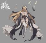  1girl azur_lane bare_shoulders black_gloves blonde_hair breasts cleavage commentary_request f.k_(hs225kr) fake_horns full_body gloves grey_background habit highres horns implacable_(azur_lane) korean_commentary large_breasts long_bangs long_hair long_sleeves looking_at_viewer nun orange_eyes pelvic_curtain revealing_clothes simple_background smile solo thighhighs veil very_long_hair white_thighhighs wide_sleeves 