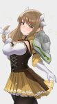  1girl absurdres armor belt belt_buckle braid breasts brown_eyes brown_hair buckle cleavage cleavage_cutout closed_mouth clothing_cutout corset fire_emblem fire_emblem_engage gloves goldmary_(fire_emblem) hair_ribbon highres large_breasts long_hair looking_at_viewer pantyhose pearlbbbb pleated_skirt ribbon shoulder_armor skirt solo white_background white_gloves white_ribbon 