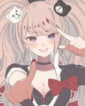  1girl :d absurdres bear_hair_ornament black_choker black_shirt blue_eyes blush bow breasts choker cleavage collarbone danganronpa:_trigger_happy_havoc danganronpa_(series) enoshima_junko grey_eyes hair_ornament hands_up highres long_hair nail_polish necktie outline red_background red_bow red_nails shirt simple_background smile solo taku_hanamiyap teeth twintails upper_teeth_only white_outline 