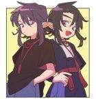  2boys belt black_hair black_shirt blue_pants border character_request closed_mouth highres looking_at_viewer luo_xiaohei_zhanji multiple_boys nploser open_mouth outside_border pants pointy_ears purple_eyes purple_hair red_belt shirt short_sleeves sidelocks smile tassel upper_body white_border 