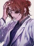  1other androgynous aquiline_nose brown_eyes brown_hair commentary_request eyepatch glasses hand_in_own_hair hange_zoe jacket jewelry mo_cha_ri necklace other_focus shingeki_no_kyojin short_ponytail smile solo white_jacket 