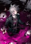  1boy black_jacket blood blood_on_face blood_on_hands chain collar collarbone danganronpa_(series) danganronpa_another_episode:_ultra_despair_girls grey_hair grin hair_between_eyes hand_up highres jacket komaeda_nagito long_sleeves looking_at_viewer male_focus medium_hair messy_hair metal_collar open_clothes open_jacket pink_blood servant_(danganronpa) shirt smile solo striped striped_shirt tallplaycold teeth wading 