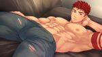  1boy abs arm_behind_head arm_tattoo armpits bara black_pants closed_mouth collaboration couch derek_kingsfield highres indoors jock_studio_(blits_games) lying male_focus mikkoukun muscular muscular_male nipples non-web_source on_couch pants pectorals red_hair short_hair solo tattoo topless_male zamius 