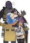  1boy 2girls absurdres anger_vein animification apex_legends ass belt black_bodysuit black_thighhighs blue_bodysuit bodysuit brown_belt brown_hair cable caustic_(apex_legends) chinese_commentary closed_eyes gas_mask gloves goggles green_eyes hair_behind_ear hair_bun hand_on_another&#039;s_shoulder hand_on_own_hip hazmat_suit head_tilt highres hood hood_down hood_up hooded_bodysuit hooded_jacket hug jacket leaning_back leaning_forward mask multiple_girls open_hand orange_jacket outline single_hair_bun smile thigh_strap thighhighs tuxiaoning_not v-shaped_eyebrows wattson_(apex_legends) white_background white_bodysuit white_outline wraith_(apex_legends) yellow_gloves yuri 