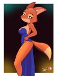  anthro big_breasts breasts canid canine cleavage clothed clothing clothing_lift diane_foxington dreamworks dress dress_lift fantharubi fox hi_res mammal simple_background smile the_bad_guys 