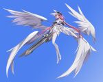  1girl absurdres asymmetrical_sleeves blue_background blue_eyes bow_(music) braid bridal_gauntlets feathered_wings full_body headgear high_heels highres holding holding_bow_(music) holding_weapon long_hair low_twintails low_wings mecha_musume multiple_wings original red_hair science_fiction solo twintails very_long_hair weapon wings xin_(1844210356) 