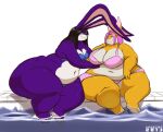  2013 anthro belly big_belly big_butt bikini black_hair breasts butt clothing duo female fur hair huge_butt jiggly_(kazecat) lagomorph leporid long_hair mammal obese obese_anthro obese_female orange_body overweight overweight_anthro overweight_female pink_hair purple_body rabbit rabbit_ears short_hair simple_background sitting smile swimming_pool swimwear thick_thighs touching_belly violet_(kazecat) water white_background 