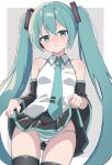  1girl ass_visible_through_thighs bare_shoulders black_skirt black_sleeves black_thighhighs blue_eyes blue_hair blue_necktie blue_panties blue_trim blush breasts closed_mouth clothes_lift collared_shirt commentary cowboy_shot detached_sleeves grey_background hair_between_eyes hatsune_miku highres lifted_by_self long_hair long_sleeves looking_at_viewer maud0239 miniskirt necktie panties pleated_skirt shirt skirt skirt_lift small_breasts solo striped striped_panties thighhighs twintails underwear very_long_hair vocaloid white_shirt 