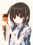  1girl :o absurdres backpack bag bare_arms brown_eyes brown_hair food grey_background hair_ornament hairclip highres holding holding_food ice_cream ice_cream_cone long_hair looking_ahead motion_lines one_side_up original parted_lips shiho_(yuuhagi_(amaretto-no-natsu)) shirt simple_background solo sweat triple_scoop upper_body white_shirt yuuhagi_(amaretto-no-natsu) 