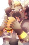  2022 5_fingers anthro bacon blonde_hair brown_body brown_fur burger clothed clothing eating eating_food fingers food fur hair hi_res holding_food holding_object hyena lifewonders live_a_hero looking_at_food looking_at_object male mammal meat nt_kichi8642 roiker solo spotted_hyena 