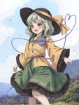  1girl :d black_headwear blue_sky cloud commentary_request green_eyes green_skirt hat hat_ribbon heart heart_of_string highres kinoniku komeiji_koishi light_green_hair long_sleeves open_mouth outdoors ribbon shirt short_hair skirt sky smile solo third_eye touhou yellow_ribbon yellow_shirt 