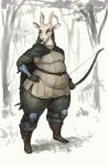  2020 anthro antlers belt bone boots bottomwear bow_(weapon) cervine cettus clothed clothing deer fantasy female footwear forest fully_clothed gloves hand_on_hip handwear hi_res holding_bow_(weapon) holding_object holding_weapon horn knee_pads mammal medieval outside overweight overweight_anthro overweight_female pants plant ranged_weapon shirt simple_background skull skull_head solo topwear tree weapon 