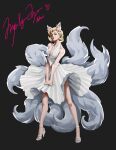  1girl ahri_(league_of_legends) animal_ears bare_shoulders black_background blonde_hair breasts cleavage cosplay dress fox_ears fox_girl fox_tail full_body halter_dress halterneck high_heels highres k/da_(league_of_legends) k/da_ahri league_of_legends lipstick looking_at_viewer makeup marilyn_monroe marilyn_monroe_(cosplay) mole mole_under_eye multiple_tails parody sandals short_hair simple_background sleeveless sleeveless_dress solo standing sundress syrenali_art tail the_seven-year_itch white_dress wind wind_lift 