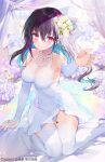  1girl bangs bare_shoulders black_hair blue_hair blurry blurry_background breasts bridal_gauntlets cleavage closed_mouth collarbone commentary_request covered_collarbone curtains depth_of_field dress floral_background flower hair_between_eyes hair_flower hair_ornament hand_up jewelry kurenai_akane long_hair looking_at_viewer medium_breasts mole mole_under_eye multicolored_hair necklace pearl_necklace project-sp purple_flower red_eyes rose satsuki_misuzu shoes sitting sleeveless sleeveless_dress smile solo thighhighs two-tone_hair wariza white_dress white_flower white_footwear white_rose white_thighhighs 