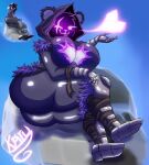  absurd_res anthro asteroid bear big_butt blowing_kiss breasts butt curvy_figure epic_games eye_scar facial_scar female fortnite fur hi_res karu_(artist) looking_at_viewer mammal purple_body purple_fur raven_team_leader scar short_stack smile solo thick_thighs voluptuous 