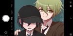  2boys amami_rantarou black_hair black_headwear black_jacket brown_eyes brown_sweater collared_shirt danganronpa_(series) danganronpa_v3:_killing_harmony green_background green_eyes green_hair hair_between_eyes hand_on_another&#039;s_shoulder highres jacket male_focus multiple_boys necktie official_alternate_costume portrait saihara_shuuichi shirt short_hair striped_necktie suiren_yurei sweater translation_request white_shirt 