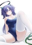  1girl alternate_costume arm_support barefoot bechu black_halo blue_archive blue_eyes blue_hair blue_one-piece_swimsuit blurry blurry_foreground blush breasts collarbone commentary_request competition_school_swimsuit covered_navel dark_blue_hair depth_of_field dutch_angle feet_out_of_frame gradient_background groin_tendon hair_between_eyes hair_ornament halo highres hose knee_up korean_commentary long_hair looking_at_viewer mechanical_halo medium_breasts on_floor one-piece_swimsuit parted_bangs parted_lips red_pupils sample_watermark school_swimsuit sitting solo spread_legs swimsuit thighhighs thighs tile_floor tiles two_side_up very_long_hair wet wet_clothes wet_hair wet_swimsuit white_background white_thighhighs yuuka_(blue_archive) 
