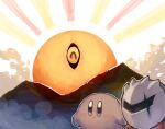  blush_stickers closed_eyes cloud colored_skin commentary_request creature dark_meta_knight dark_mind grey_skin kirby_(series) kirby_and_the_amazing_mirror mask mountain no_humans one-eyed scar shadow_kirby shiburingaru solid_oval_eyes sunrise 