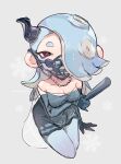  1girl black_gloves blue_hair breasts cephalopod_eyes cleavage commentary_request fake_horns gloves hair_over_one_eye highres horns jewelry long_hair looking_at_viewer mask mouth_mask necklace official_alternate_costume piyomaru_(hachiyonnxxxx) red_eyes see-through_shawl shawl shiver_(splatoon) simple_background single_horn solo splatoon_(series) splatoon_3 tentacle_hair white_background 