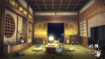  artist_logo bamboo_fence bonsai cushion fence highres indoors katana lamp no_humans open_door original scenery scroll shelf sliding_doors sword table vase weapon window xingzhi_lv 