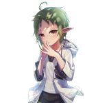  1girl absurdres ahoge black_shorts elf green_hair hands_up highres hood hooded_jacket jacket looking_at_viewer mushoku_tensei pointy_ears red_eyes shirt short_hair shorts solo sylphiette_(mushoku_tensei) tyasuzu white_background white_jacket white_shirt 