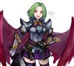 1girl armor belt black_thighhighs breastplate character_name commentary_request cowboy_shot dragon_knight_(ragnarok_online) dragon_wings gauntlets green_hair holding holding_sword holding_weapon looking_at_viewer miniskirt mogukk open_mouth orange_eyes pauldrons purple_belt purple_skirt ragnarok_online red_wings short_hair shoulder_armor simple_background skirt smile solo sword thighhighs weapon white_background wings zettai_ryouiki 
