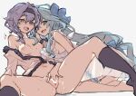  2girls blue_hair blush breasts censored character_request copyright_request fingering green_eyes hanahiyo_(hoimin) highres long_hair medium_hair multiple_girls nipples purple_hair simple_background very_long_hair white_background yuri 