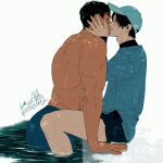  2boys aqua_shirt artist_name bara baseball_cap black_hair black_shorts blue_pants blush couple hat imminent_kiss jewelry kashikahaya looking_at_another male_focus multiple_boys muscular muscular_male original pants partially_submerged ring shirt short_hair shorts simple_background sitting smile topless_male water wet wet_hair yaoi 