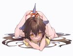  1girl ahoge all_fours amana_(pocketkey) animal_ears barefoot bikini brown_hair commentary_request crossed_bangs grey_background hair_between_eyes highres long_hair looking_at_viewer original simple_background solo swimsuit tail toes very_long_hair yellow_eyes 