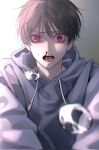  1boy black_hair blood commentary_request crying crying_with_eyes_open dated grey_hoodie highres hood hood_down hoodie looking_at_viewer male_focus mugi_oyasumi nosebleed open_mouth original pink_eyes short_hair signature solo teardrop tearing_up tears teeth tongue 